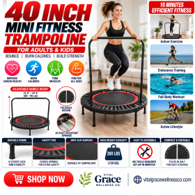 40" Foldable Mini Fitness Trampoline with Adjustable Handle – Indoor/Outdoor Rebounder | 300 lbs Capacity, Red & Black