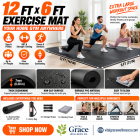 12' × 6' Non-Slip Exercise Mat – 7mm Thick High-Density Gym & Yoga Mat with Carry Bag