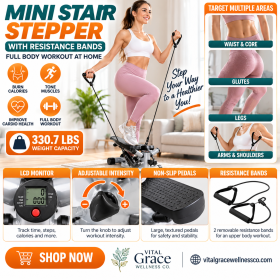 Mini Stair Stepper with Resistance Bands – Adjustable Cardio Trainer, LCD Monitor & 330 lbs Capacity