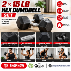 15 lb Rubber-Coated Hex Dumbbells – Non-Slip Grip, Anti-Roll Design | 30 lb Pair, Black