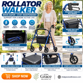 Adjustable Rollator Walker with Seat & Storage Bag – 4-Wheel Mobility Walker with Hand Brakes, 8" Wheels & Backrest | 286 lbs Capacity, Blue & Black