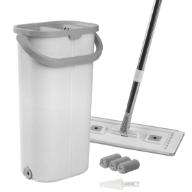 Dry-wet separation flat mop with dual-chamber design, stainless steel handle, featuring three washable ultra-fine fiber pads and a thick fabric c