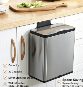 3L Wall Mounted Stainless Steel Trash Can with Slide Lid, Hanging Under Cabinet Garbage Bin