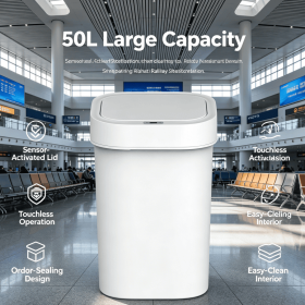 Large 50L Touch Free Sensor Waste Bin, Automatic Open Lid Plastic Trash Can