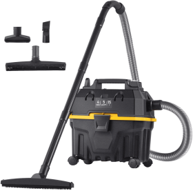 A 3-in-1 workshop vacuum cleaner with a 4-gallon wet-dry capacity, black color, 5 HP power, and a blow function. Features a triple filtration sys