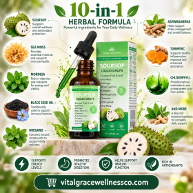 Soursop 10-in-1 Herbal Drops with Sea Moss, Moringa, Black Seed Oil, Oregano & Ashwagandha – Vegan Daily Wellness Support, 2 fl oz (Option: 1 PCS)
