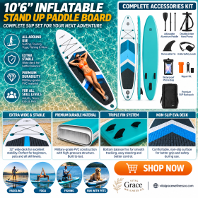 10'6" Inflatable Stand-Up Paddle Board with Complete SUP Accessories – Non-Slip Deck, Removable Fin & Carry Backpack | Blue & Green (Color: White)